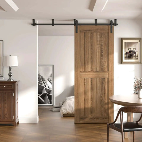 10 Ft Ceiling Mount Sliding Barn Door Hardware Kit Black With Low Ceiling L Shape Bracket System installed, fits 60 inch panel