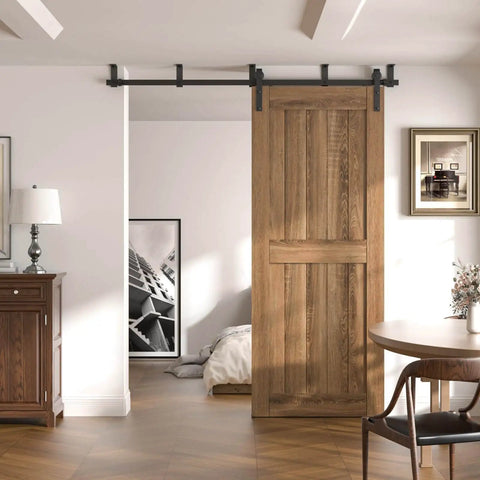 7.5 Foot Ceiling Mount Sliding Barn Door Hardware Kit Black With Low Ceiling L Shape Bracket System installed on wooden door