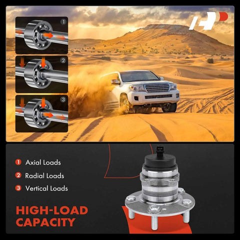 Two Pack Rear Wheel Bearing And Hub Assemblies With ABS And 5 Lug For Kia Forte 2010 To 2013 Including Forte Koup And Forte5 2012 To 2013, High Load Capacity Ball Bearings For Smooth Ride And Easy Installation, shown with high-load capacity details and SUV driving on sand dunes.