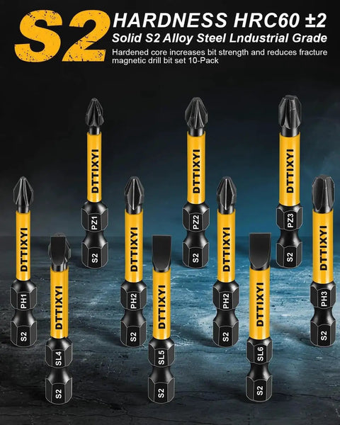 Magnetic Screwdriver Bits Set For Impact Driver And Power Drill, 10-Piece S2 Tool Steel With 1 Quarter Inch Hex Shank, visible assortment