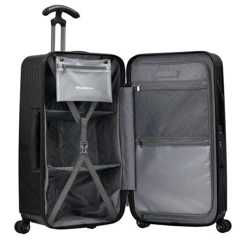 Ultimax II 26 Inch Spinner Luggage open view showing interior with tie down straps and TSA lock, matte black polycarbonate case.