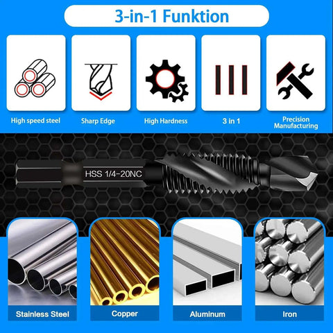 6 Pack Combination Drill And Tap Bit Set For SAE Threads 6-32, 8-32, 10-32, 10-24, 12-24, 1/4-20 With Anti Rust Black Coating