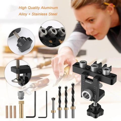 3-In-1 Dowel Jig Kit With Self Centering Doweling And Pocket Hole Jig For Straight Holes, Includes Positioning Clip And Adjustable Drilling Guide Locator, with tools displayed.