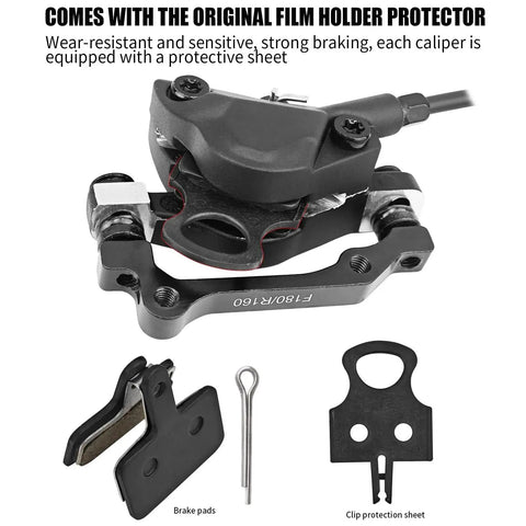 Front view of HAIKS MT200 hydraulic disc brake set with aluminum caliper, mounting adapter, and brake pads