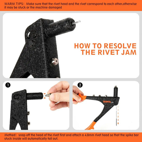 Instructions for resolving rivet jam on Heavy Duty Pop Rivet Gun Kit With 200 Rivets And 4 Interchangeable Nosepieces.