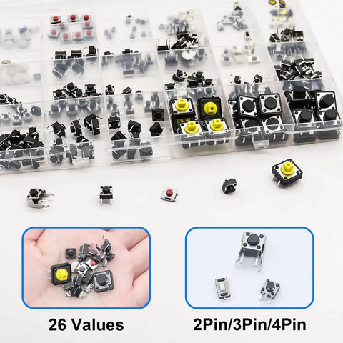 260Pcs Micro Momentary Tactile Push Button Switch Kit With 26 Values 2 3 4 Pin Options shown with assorted switches