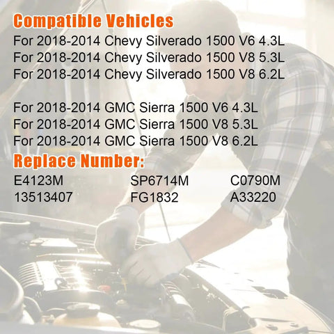 Mechanic working on engine bay for Silverado Sierra 2014-2018 V6 V8 with part numbers; Electric Fuel Pump Assembly Fits Chevy Silverado 1500 And GMC Sierra 1500 From 2014 To 2018 With V6 4.3L Or V8 5.3L And 6.2L Replacement SP6714M FG1832 C0790M 13513407 A33220