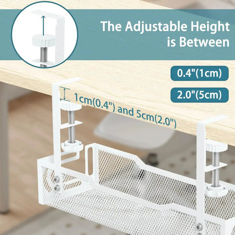 Under Desk Cable Management Tray No Drill Mesh Organizer For Cables Wire Management Rack with adjustable clamps on desk.