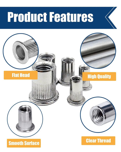Pro Grade Rivet Nut Kit 216 Pc Stainless Steel Flat Head Riv Nut Assortment For Auto Shop And Diy Projects Includes Sizes Eight By Thirty Two Ten By Twenty Four One Quarter Twenty Three Eighth Sixteen Five Sixteen Eighteen