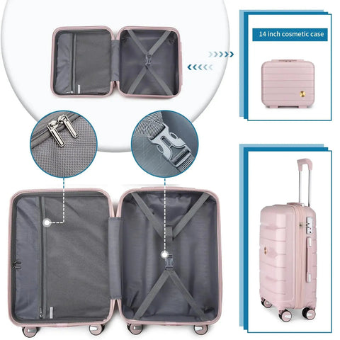 Internal view of Lightweight Nude Pink 2 Piece Carry On Luggage Set with 20 Inch Hardside Spinner Case, YKK zippers, and 14 Inch Mini Cosmetic Case