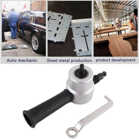 Double Head Sheet Metal Nibbler Cutter Electric Power Metal Nibbler Drill Attachment shown with wrench and various applications