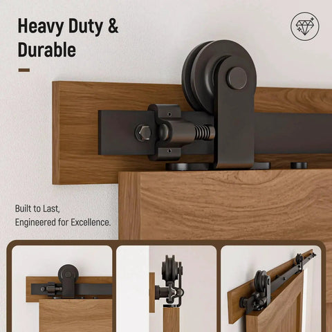 Five Foot Sliding Barn Door Hardware Kit Heavy Duty With Quiet Smooth Operation And Easy Install fits Thirty Inch Wide Single Door Panel T Shaped Black includes solid steel roller hanger.