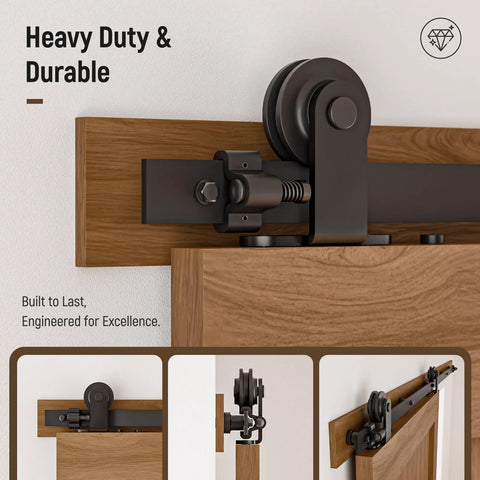 Six Foot Sliding Barn Door Hardware Kit Heavy Duty Silent Operation With Nylon Wheels And Spring Damping installed view