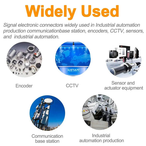 Widely used industrial automation with encoders, CCTV, sensors, communication base stations, showcasing diverse applications for connectors.