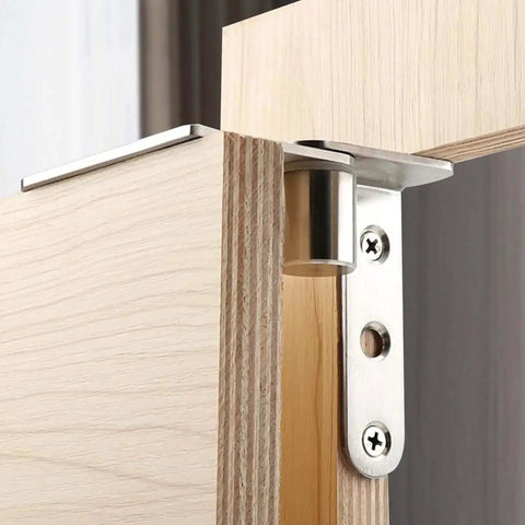 Heavy Duty 270 Degree Cabinet Pivot Hinge, 4 Inch Shaft Fittings, Solid Steel, installed on wooden bookcase door