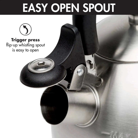 Whistling Stovetop Tea Kettle With Food Grade Stainless Steel, 1.5 Quart Capacity, Boils Fast, with open spout and black handle
