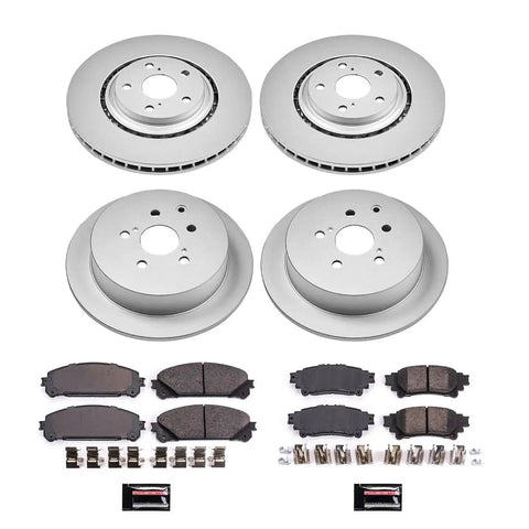 PowerStop front and rear brake kit with coated rotors and Z17 ceramic pads; four rotors, pad sets, and hardware shown.