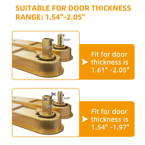 Pocket Door Lock Hardware Set With Privacy Handle, Hidden Pull And Recessed Latch, Easy Install For 1.77 To 2 Inch Thick Wooden Doors, Circular Gold Finish, showing adjustment for door thickness 1.54 to 2.05 inches.