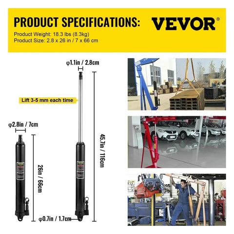 Three Ton Hydraulic Long Ram Jack With Clevis Base For Engine Hoist specifications and usage examples displayed