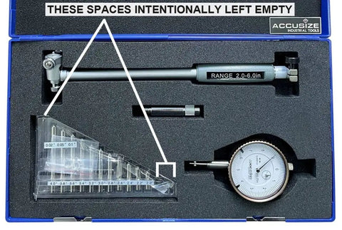Dial Bore Gauge Set For 2 To 6 Inch Range With 0.0001 Inch Graduation And 6 Inch Stem Includes Extension Holder And Case Chrome Plated Handle Insulated Self Centering Grip Pro Grade Accuracy To 0.0003 Inch From Accusize Industrial Tools Ee20 1006 in blue case