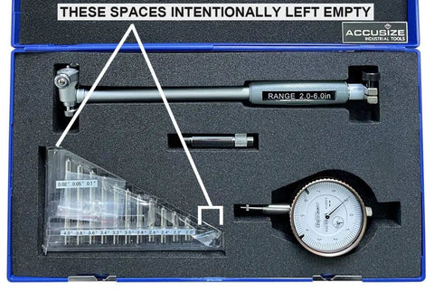 Dial Bore Gauge Set With 2 To 6 Inch Range And 6 Inch Stem 0.0001 Inch Graduation Accurate To Plus Or Minus 0.0004 Inch Includes Extension Holder And Case, showing gauge, stem, and base.