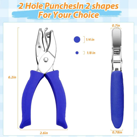 Two Pack Round Hole Punch Set For Scrapbooking And Card Making, Durable Stainless Steel Punchers In One Quarter Inch And One Eighth Inch, Blue, Pro Grade DIY Craft Tools For Precise Holes And Creative Projects, front and side view.