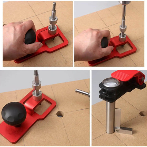 Pro Grade Vertical Hole Drilling Jig For Woodworking Projects With Boss Level Precision, Aluminum Body And Stainless Steel Components in use on wooden surface