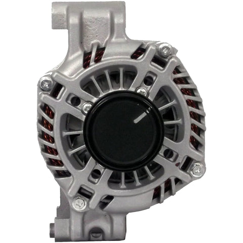 Front view of remanufactured car alternator that runs smooth with high quality bearings, double lipped seals, and high temp lube.