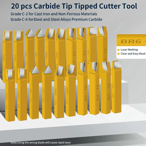 Twenty Piece Half Inch Carbide Tipped Cutter Tool Set For Metal Lathe Turning Boring Chamfering And Precision Finishing In Steel And Iron Projects With AR8 AL8 BR8 BL8 E8 C8 Tool Types For Versatile Machining By Senduo, showing front view of tools with labels.