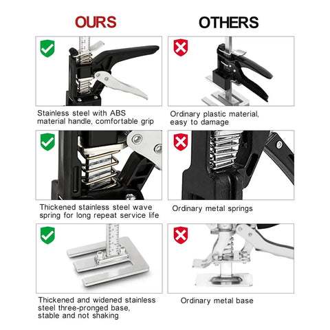 Comparison of Labor Saving Arm Jacks 2 Pack 15.5 Inch Furniture Lifter For Cabinets And Tile with stainless steel and ABS handle next to ordinary plastic lifter.