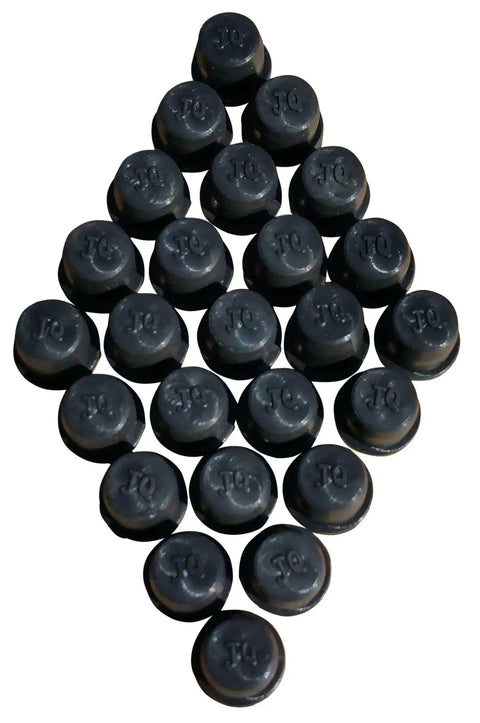 24 black 25 Pack Brake Bleeder Screw Caps And Grease Zerk Dust Covers arranged in a pyramid. Rubber caps keep dirt and moisture out of caliper bleeder screws and zerks.