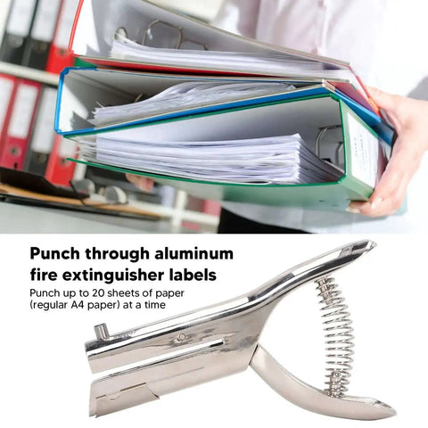 Heavy Duty Hand Held Hole Punch Built Tough With All Metal Construction, 20 Sheet Capacity placed next to stacked folders