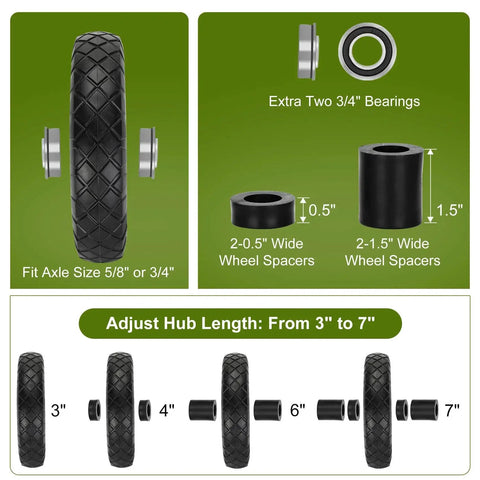 Upgraded 16 Inch Flat Free Wheelbarrow Wheels And Tires With 4.80 4.00 8 Solid Tires And 5/8 And 3/4 Bearings, spacers shown
