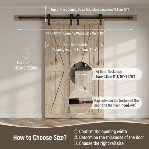 Heavy Duty Sliding Barn Door Hardware Kit For 60 Inch Wide Double Doors, 20 Foot Track, installed with size guide