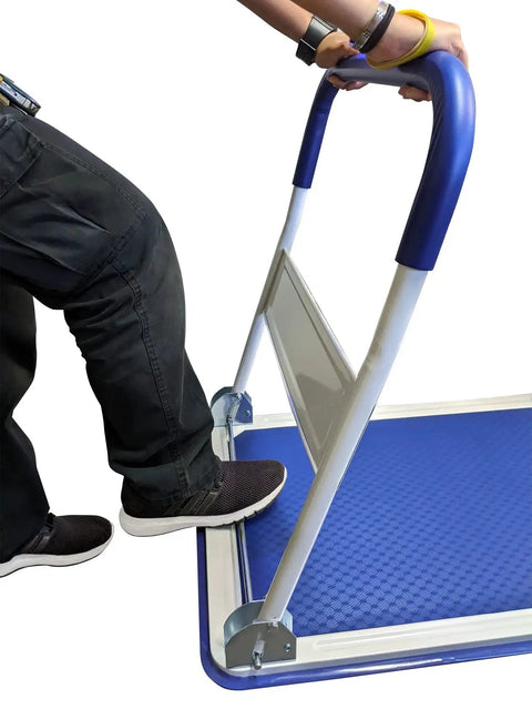 Heavy Duty Foldable Push Cart Dolly With 330 Lb Capacity Collapsible Hand Truck folding handle in use, blue platform base