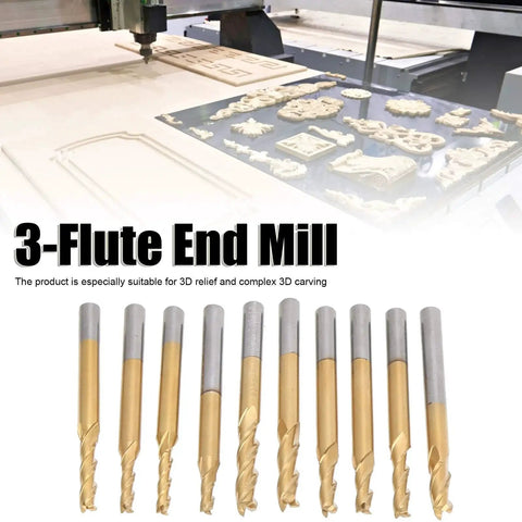 10 Piece 3 Flute End Mills Pro Grade Round Shank CNC Milling Cutters Ti Plated Tungsten Steel For Engraving Drilling Milling And Cutting Hardwood Plywood Acrylic Plastic Fiber Resin PCB Projects
