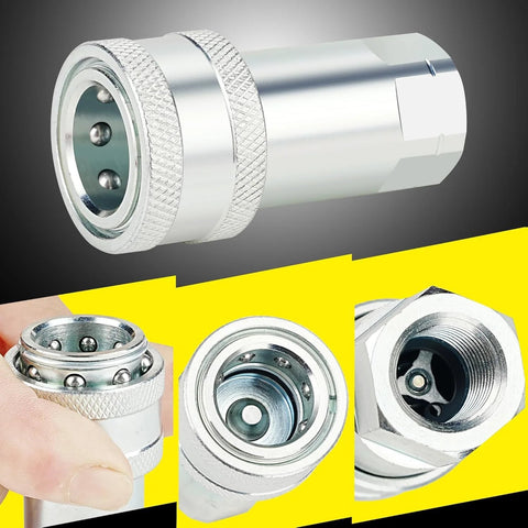 Hydraulic quick-connect coupler, 3/8 in, silver metal with knurled sleeve and dust cap