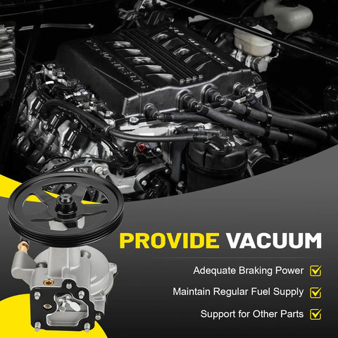 Brake vacuum pump with pulley in engine bay; silver metal body with black pulley and connected hoses
