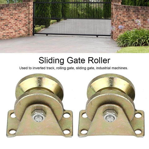 Image of Beefy Heavy Duty V Groove Gate Roller With Steel Bracket For Industrial Sliding Doors And Track Rail System Smooth And Quiet Operation Under Heavy Loads Rugged Steel Wheel For Long Lasting Gate Movement 2 Pack with a sliding gate in the background.