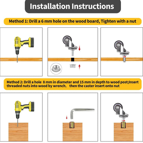 Installation instructions for Mini 1 Inch Swivel Threaded Stem Casters M6x15mm With TPE Quiet Wheels for furniture.