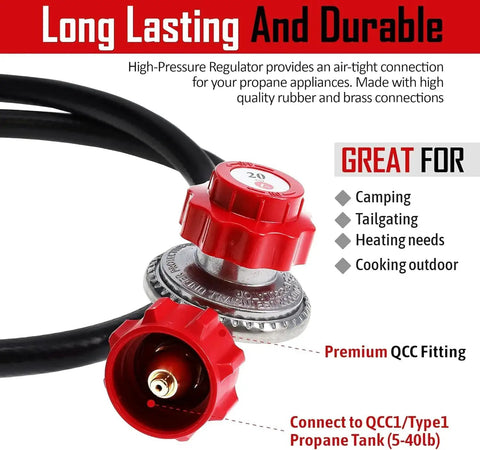 Close-up of 4 Ft High Pressure Propane Regulator Hose With 0 To 20 PSI Adjustable Red Knob And QCC1 Connection, GasOne