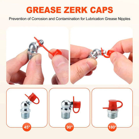 Hands demonstrating grease Zerk caps on fittings for All In One 505 Piece Grease Fittings Kit For Gearheads With Metric And SAE Zerk Assortment, including 45°, 90°, 180° positions.