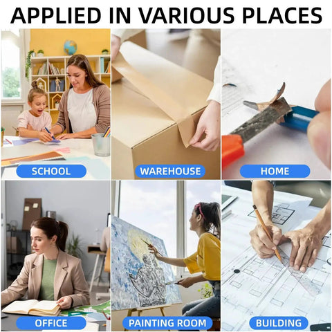 Collage showing 4 Pack Retractable Box Cutters Knife Set for Cardboard and Paper used in school, warehouse, home, office, painting room, building.