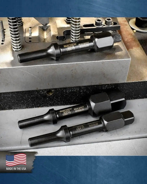 3 Piece Pneumatic Bolt Breaker Set for Air Hammer, USA made, displayed with sturdy black oxide finish on metal surface.