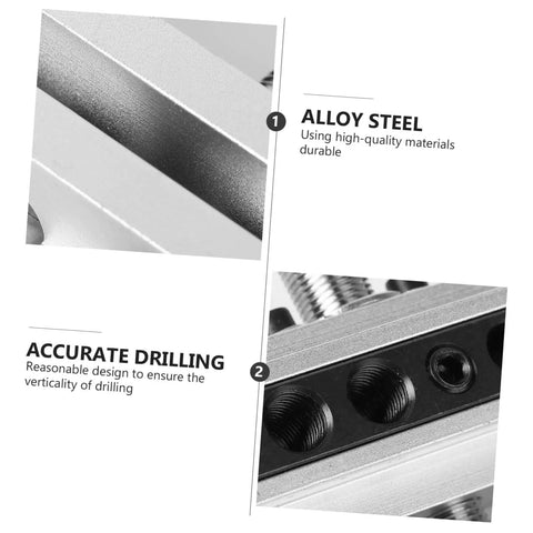 Close-up of self centering dowel jig for woodworking and furniture making, showing alloy steel drill locator and alignment holes.
