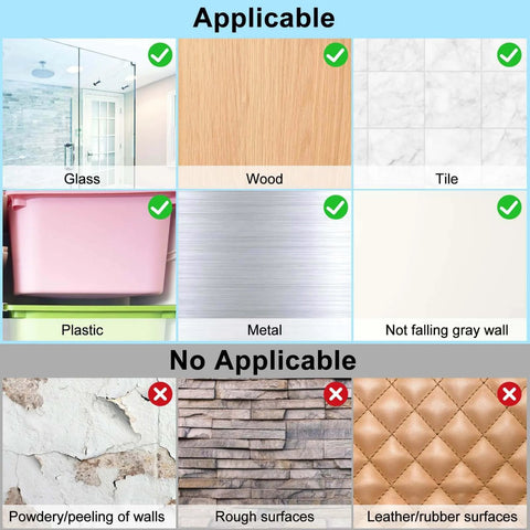 Surface compatibility chart for various materials, showing suitable and unsuitable surfaces for use, including glass, wood, tile, and more.