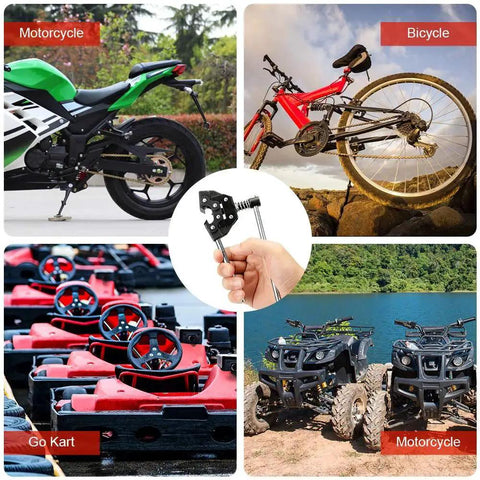 Detacher Breaker Cutter For Roller Chains Sizes 25 35 41 40 50 60 And 415H 428H 520 530 Universal Chain Breaker Tool shown near motorcycle, bicycle, go-kart, ATV.