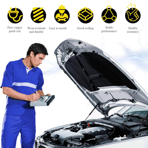 Mechanic inspecting car engine, open hood, icons highlighting features like pure copper guide rail and stable performance