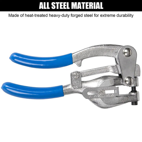 Pro Grade Metal Hole Punch Tool Set For Aluminum Brass And Steel with blue handles, heavy-duty forged steel construction