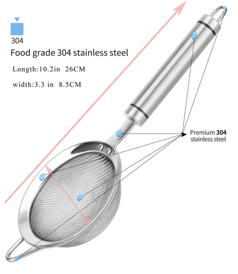 304 Stainless Steel Fine Mesh Strainer With Handle Skimmer For Kitchen, showing dimensions and premium steel description